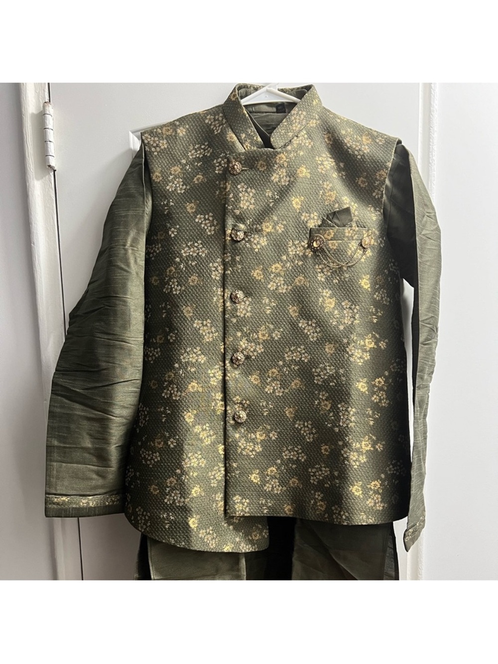 3pc Olive Green Nehru Jacket + Kurta Suit